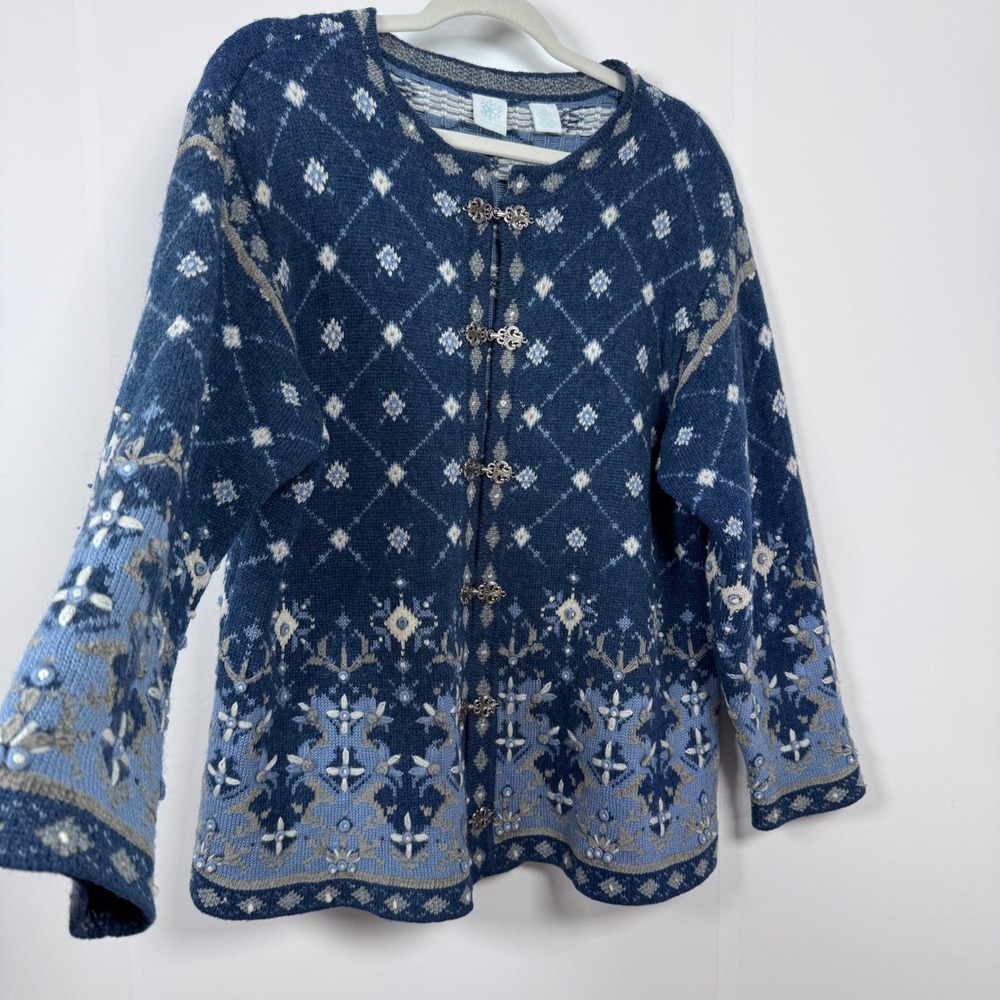 Snowflake FairIsle Cardigan Women 1X Blue Nordic Wool Blend Scandi Cottage Hygge